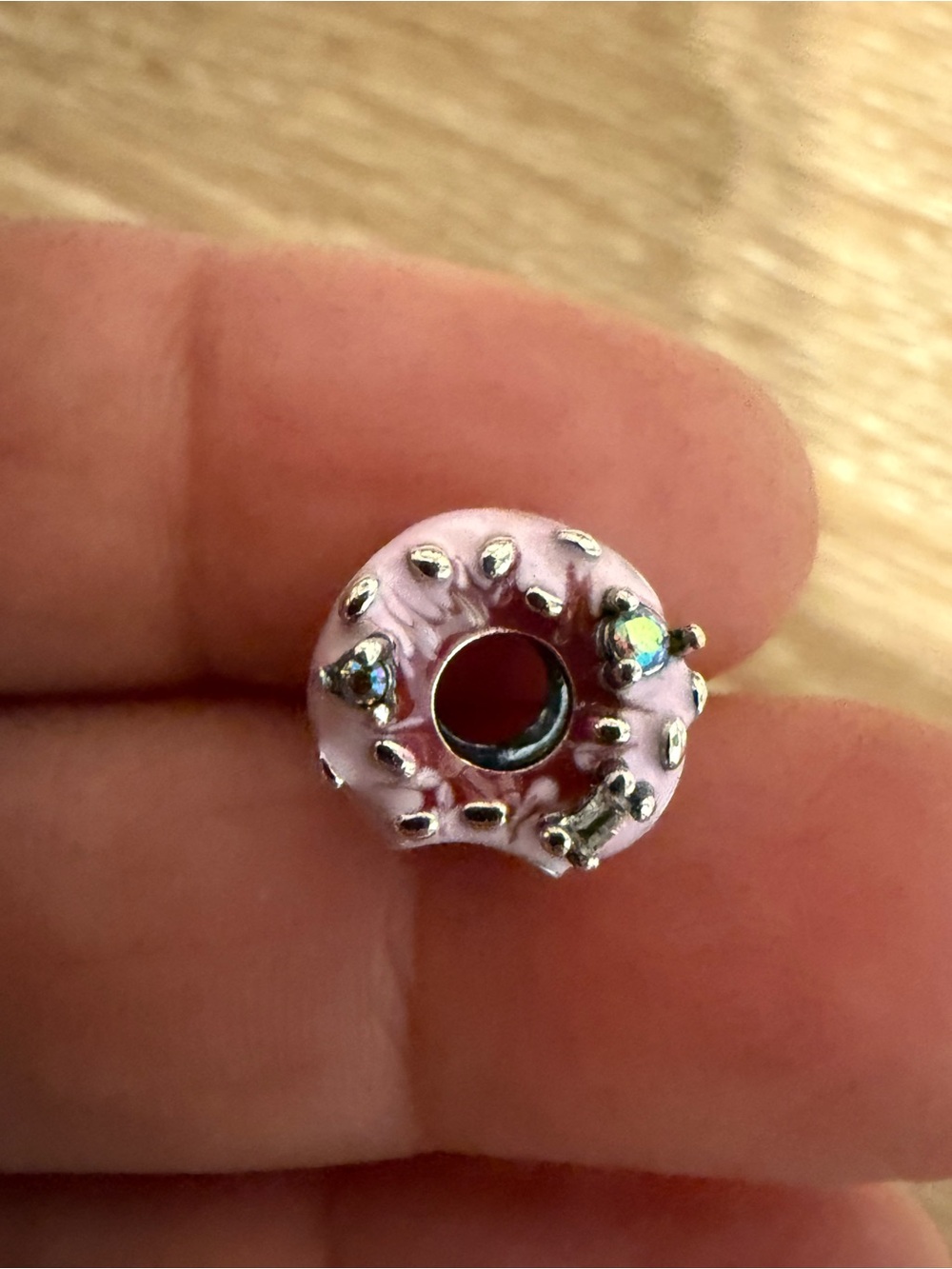 Pink Enamel Donut Charm Bead with Crystal Accents